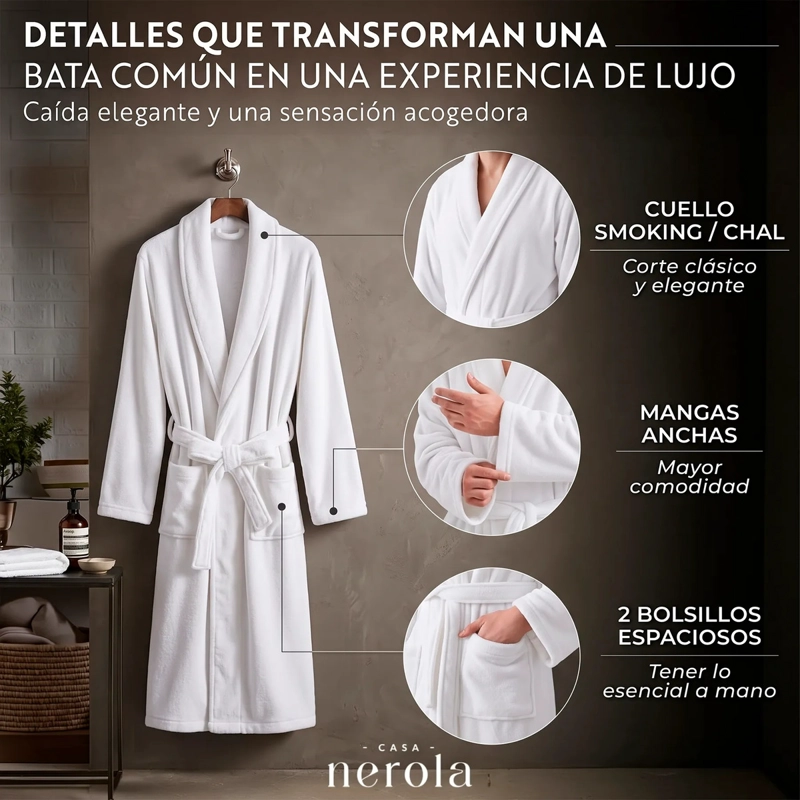 BATA DE BAÑO DE MICROFIBRA UNISEX CASA NEROLA BLANCO TALLA L/XL - 3