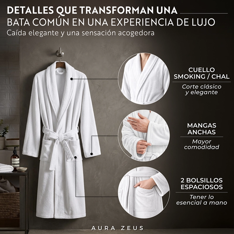 BATA DE BANO MICROFIBRA ABSORBENTE SUAVE UNISEX SECA RAPIDO BLANCO TALLA L - 4