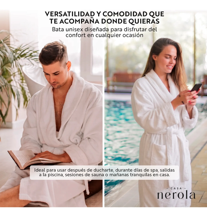 BATA DE BAÑO DE MICROFIBRA UNISEX CASA NEROLA BLANCO TALLA L/XL - 5