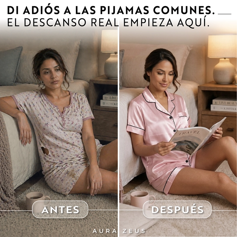 PIJAMA DE SATEN MUJER 2 PIEZAS SET CAMISA Y SHORT SUAVE BOTON ROSA TALLA L - 2