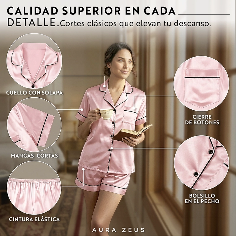 PIJAMA DE SATEN MUJER 2 PIEZAS SET CAMISA Y SHORT SUAVE BOTON ROSA TALLA L - 5
