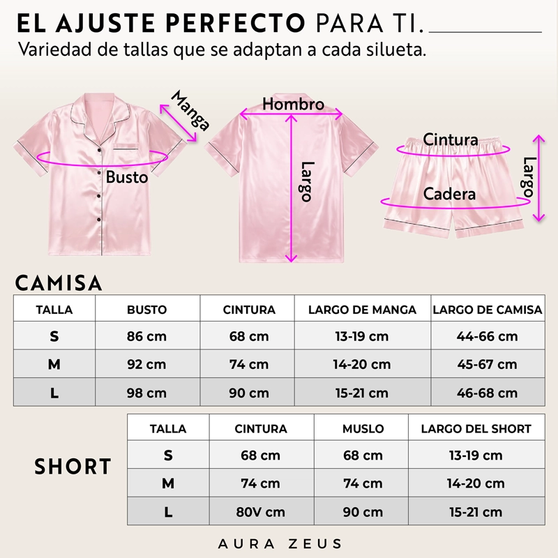 PIJAMA DE SATEN MUJER 2 PIEZAS SET CAMISA Y SHORT SUAVE BOTON ROSA TALLA L - 7
