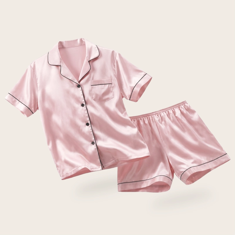 PIJAMA DE SATEN MUJER 2 PIEZAS SET CAMISA Y SHORT SUAVE BOTON ROSA TALLA L - 9