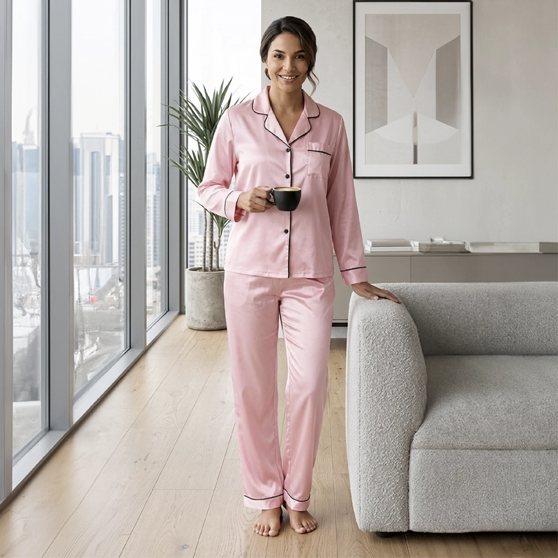 PIJAMA DE SATEN MUJER 2 PIEZAS SET CAMISA Y PANTALON SUAVE BOTON ROSA TALLA L - 1