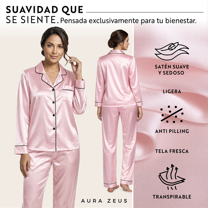 PIJAMA DE SATEN MUJER 2 PIEZAS SET CAMISA Y PANTALON SUAVE BOTON ROSA TALLA L - 4