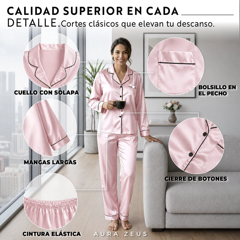 PIJAMA DE SATEN MUJER 2 PIEZAS SET CAMISA Y PANTALON SUAVE BOTON ROSA TALLA L - 5