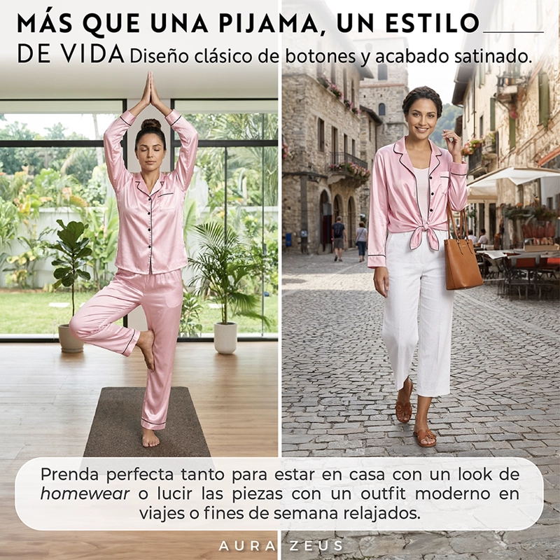 PIJAMA DE SATEN MUJER 2 PIEZAS SET CAMISA Y PANTALON SUAVE BOTON ROSA TALLA L - 6
