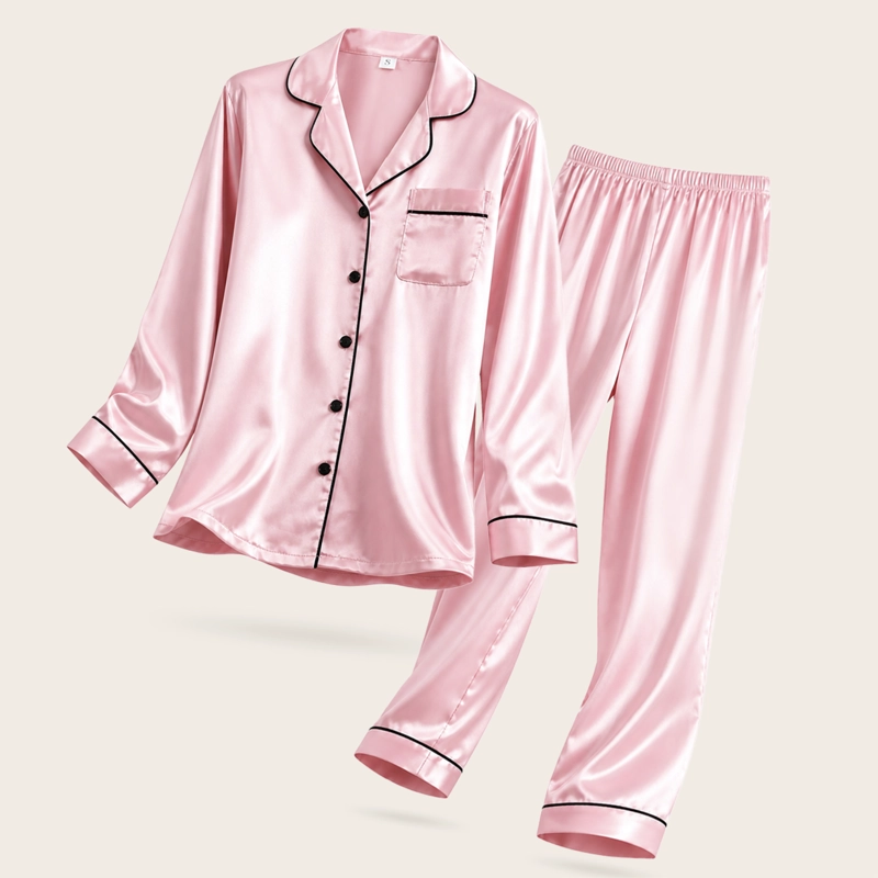 PIJAMA DE SATEN MUJER 2 PIEZAS SET CAMISA Y PANTALON SUAVE BOTON ROSA TALLA L - 9