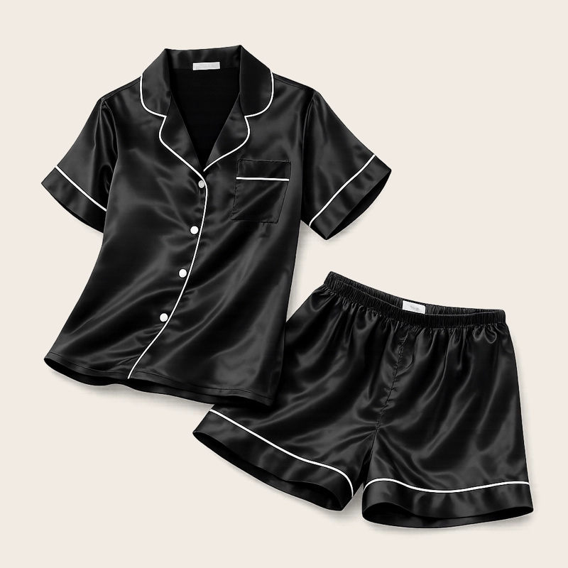 PIJAMA DE SATEN MUJER 2 PIEZAS SET CAMISA Y SHORT SUAVE BOTON NEGRO TALLA L - 1