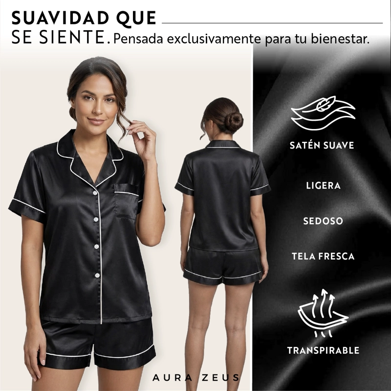 PIJAMA DE SATEN MUJER 2 PIEZAS SET CAMISA Y SHORT SUAVE BOTON NEGRO TALLA L - 4