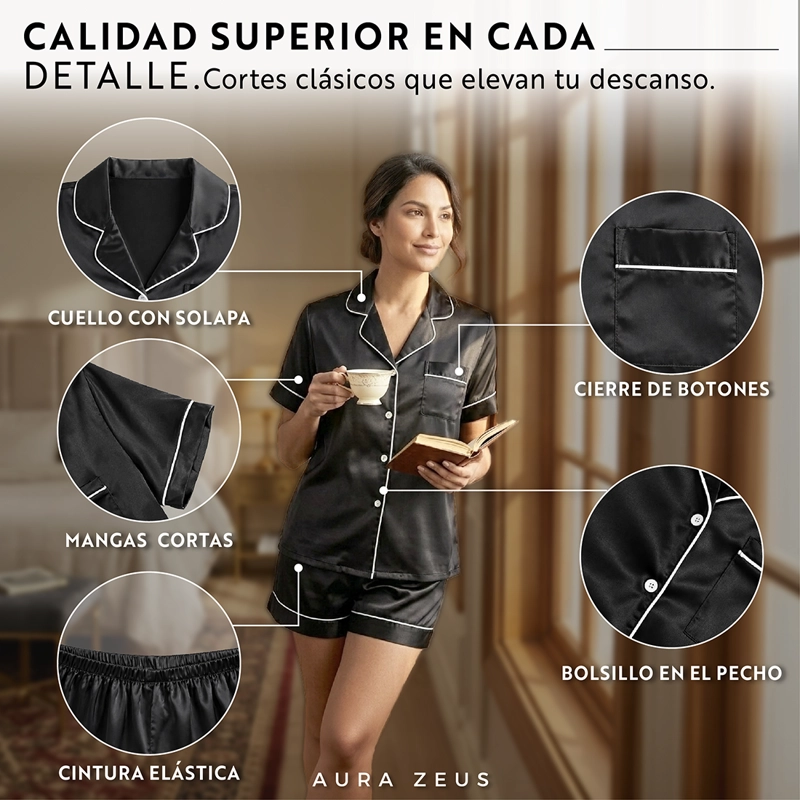 PIJAMA DE SATEN MUJER 2 PIEZAS SET CAMISA Y SHORT SUAVE BOTON NEGRO TALLA L - 5