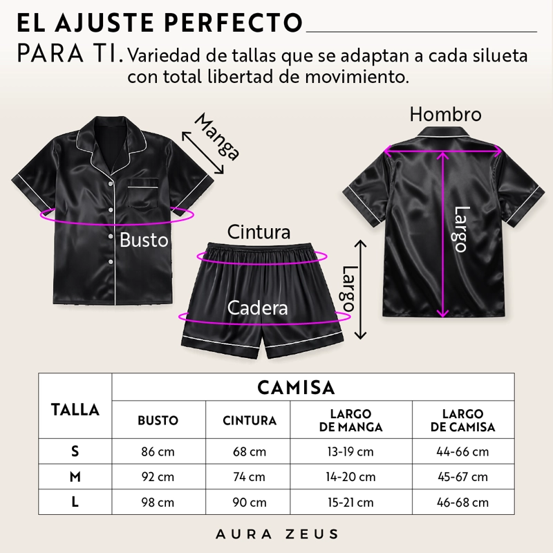 PIJAMA DE SATEN MUJER 2 PIEZAS SET CAMISA Y SHORT SUAVE BOTON NEGRO TALLA L - 8