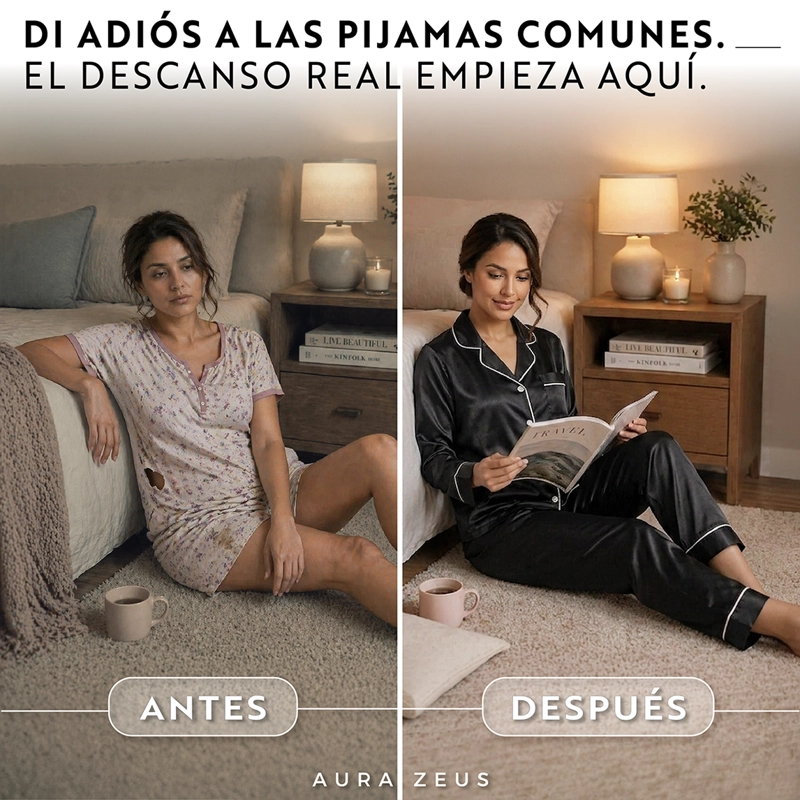 PIJAMA DE SATEN MUJER 2 PIEZAS SET CAMISA Y PANTALON SUAVE BOTON NEGRO TALLA M - 2