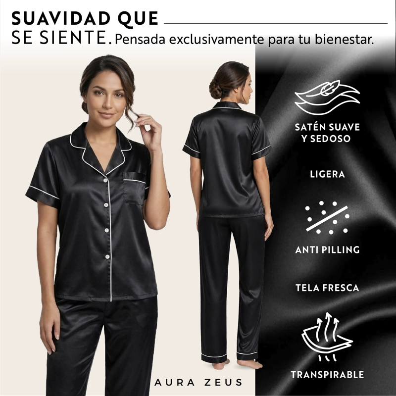 PIJAMA DE SATEN MUJER 2 PIEZAS SET CAMISA Y PANTALON SUAVE BOTON NEGRO TALLA M - 4