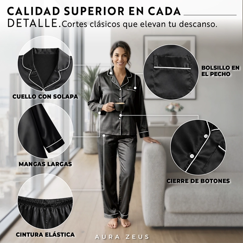 PIJAMA DE SATEN MUJER 2 PIEZAS SET CAMISA Y PANTALON SUAVE BOTON NEGRO TALLA M - 5
