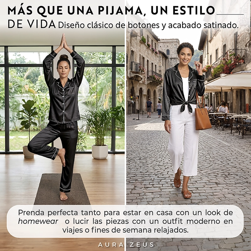 PIJAMA DE SATEN MUJER 2 PIEZAS SET CAMISA Y PANTALON SUAVE BOTON NEGRO TALLA M - 6
