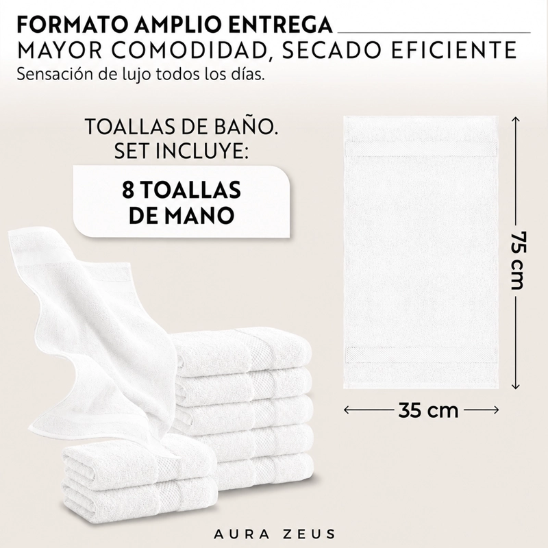 JUEGO DE 8 TOALLAS DE MANO 75X35 CM ALGODON 600GR/M2 BANO SET BLANCO - 3