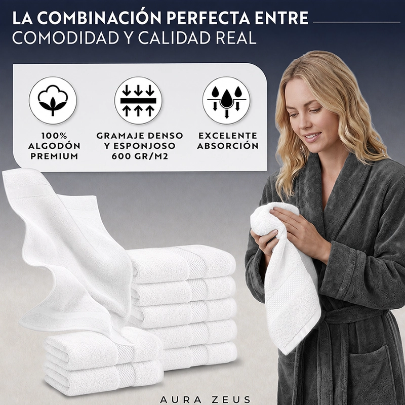 JUEGO DE 8 TOALLAS DE MANO 75X35 CM ALGODON 600GR/M2 BANO SET BLANCO - 6