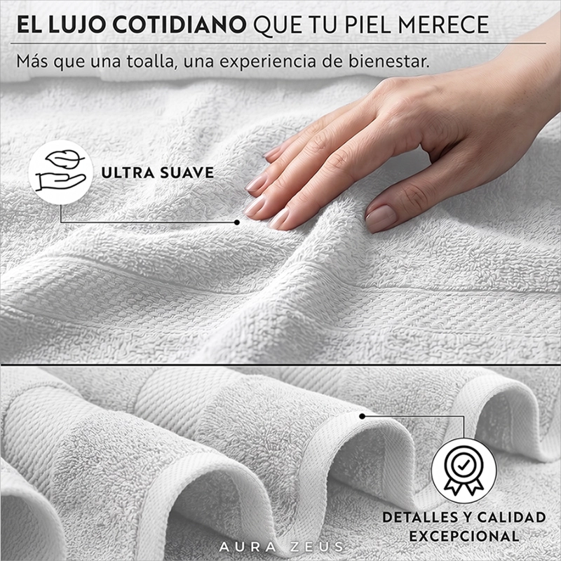 JUEGO DE 8 TOALLAS DE MANO 75X35 CM ALGODON 600GR/M2 BANO SET BLANCO - 7