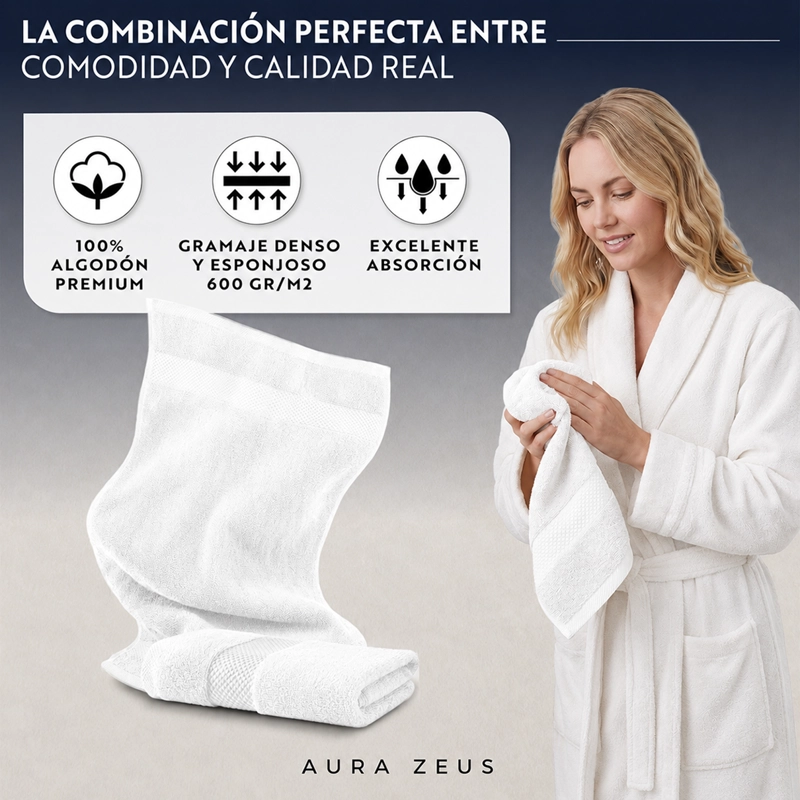 JUEGO DE 2 TOALLAS DE MANO 75X35 CM ALGODON 600GR/M2 BANO SET BLANCO - 5