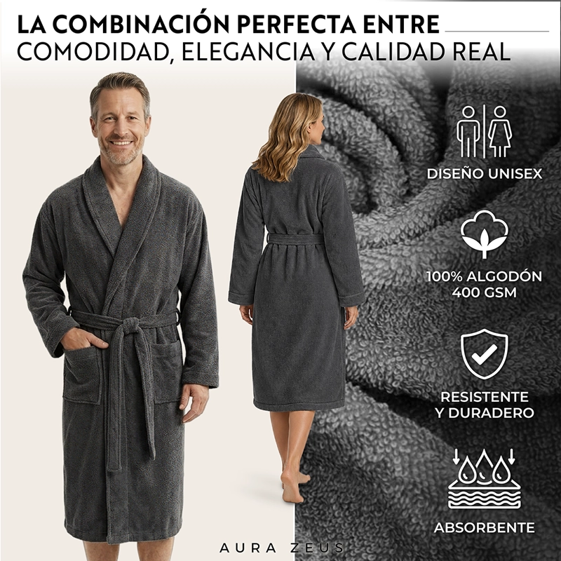 BATA DE BANO ALGODON ABSORBENTE SUAVE UNISEX SECA RAPIDO GRIS TALLA M - 4