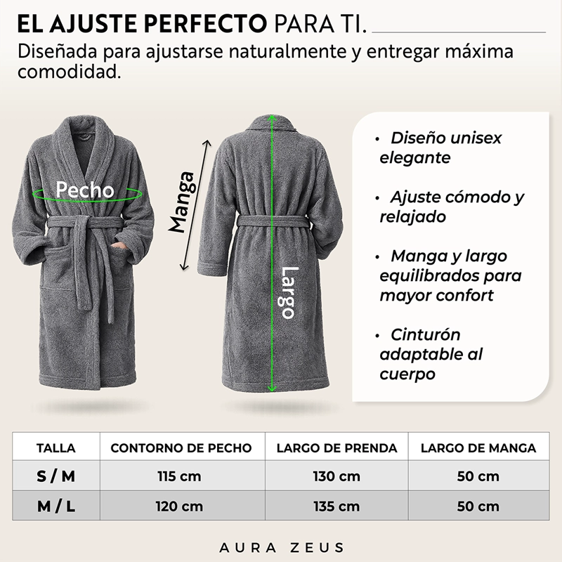 BATA DE BANO ALGODON ABSORBENTE SUAVE UNISEX SECA RAPIDO GRIS TALLA M - 8