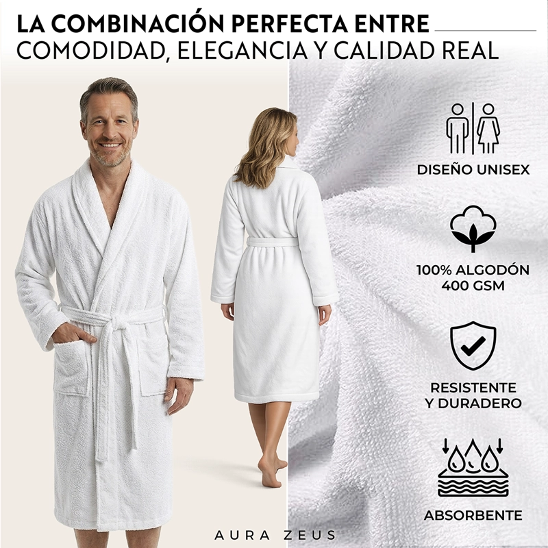 BATA DE BANO ALGODON ABSORBENTE SUAVE UNISEX SECA RAPIDO BLANCO TALLA M - 4