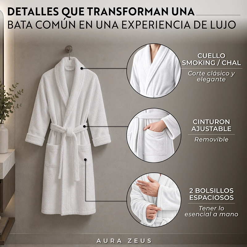 BATA DE BANO ALGODON ABSORBENTE SUAVE UNISEX SECA RAPIDO BLANCO TALLA M - 5
