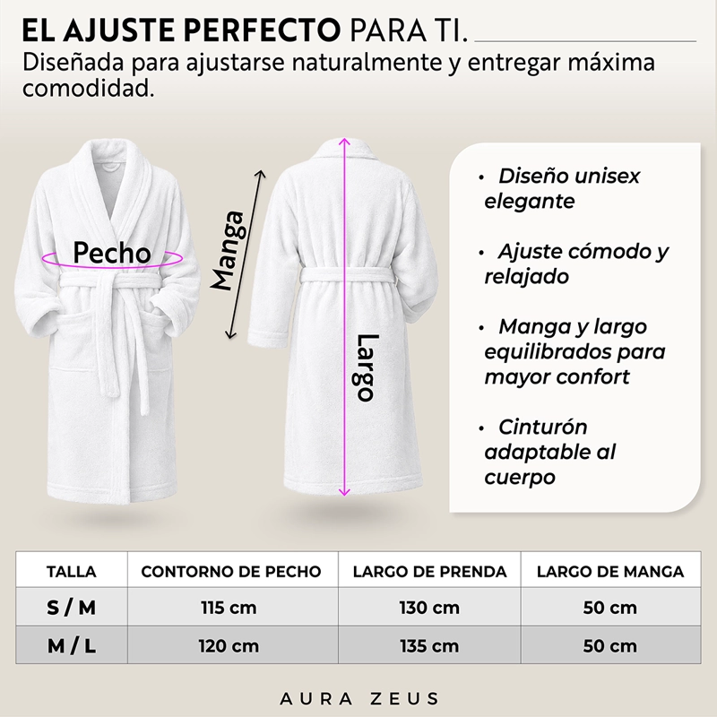 BATA DE BANO ALGODON ABSORBENTE SUAVE UNISEX SECA RAPIDO BLANCO TALLA M - 7