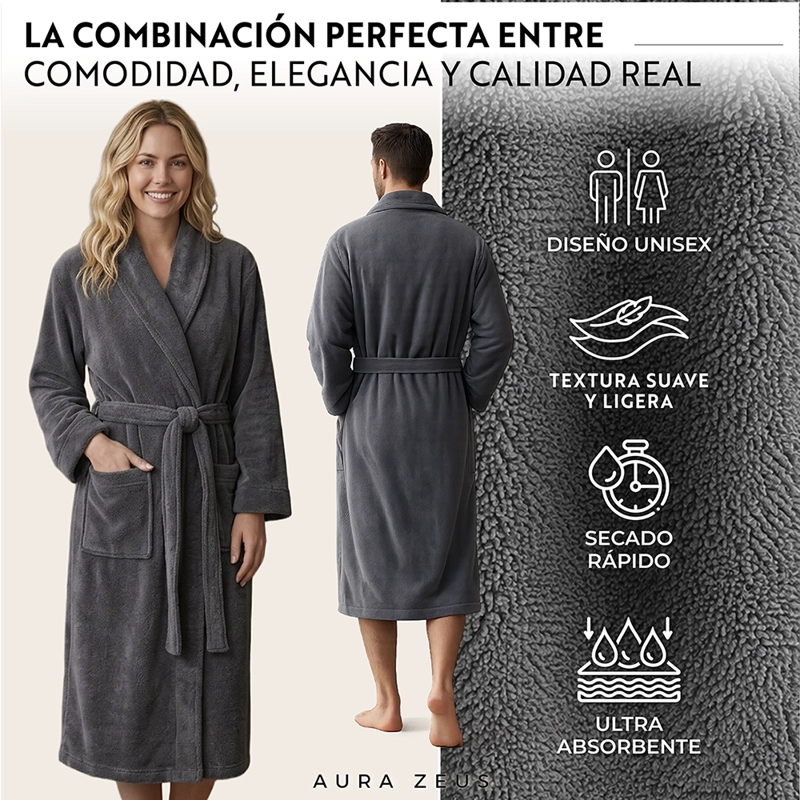 BATA DE BANO MICROFIBRA ABSORBENTE SUAVE UNISEX SECA RAPIDO GRIS TALLA M - 4