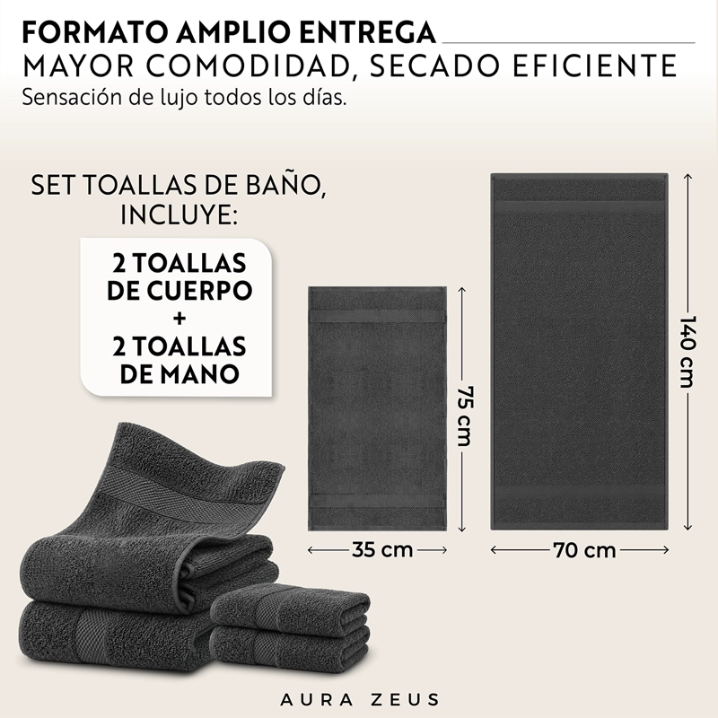 SET DE 4 TOALLAS DE BANO ALGODON 600GR/M2 CUERPO MANO GRANDE GRIS - 3
