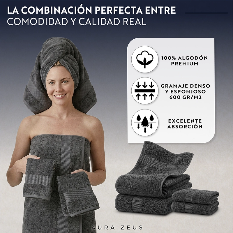 SET DE 4 TOALLAS DE BANO ALGODON 600GR/M2 CUERPO MANO GRANDE GRIS - 5