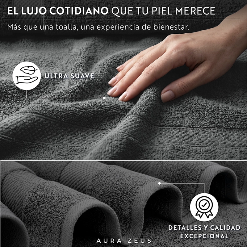 SET DE 4 TOALLAS DE BANO ALGODON 600GR/M2 CUERPO MANO GRANDE GRIS - 6