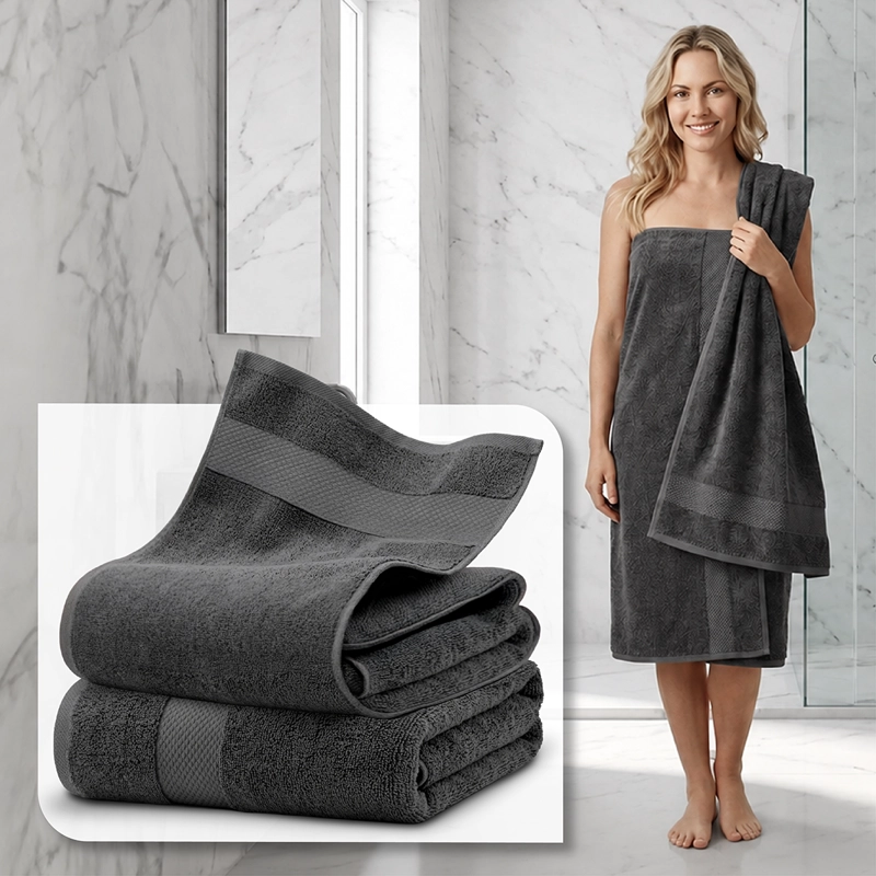 SET DE 2 TOALLAS DE BANO 140X70 CM ALGODON 600GR/M2 GRANDES GRIS BLANCO - 2