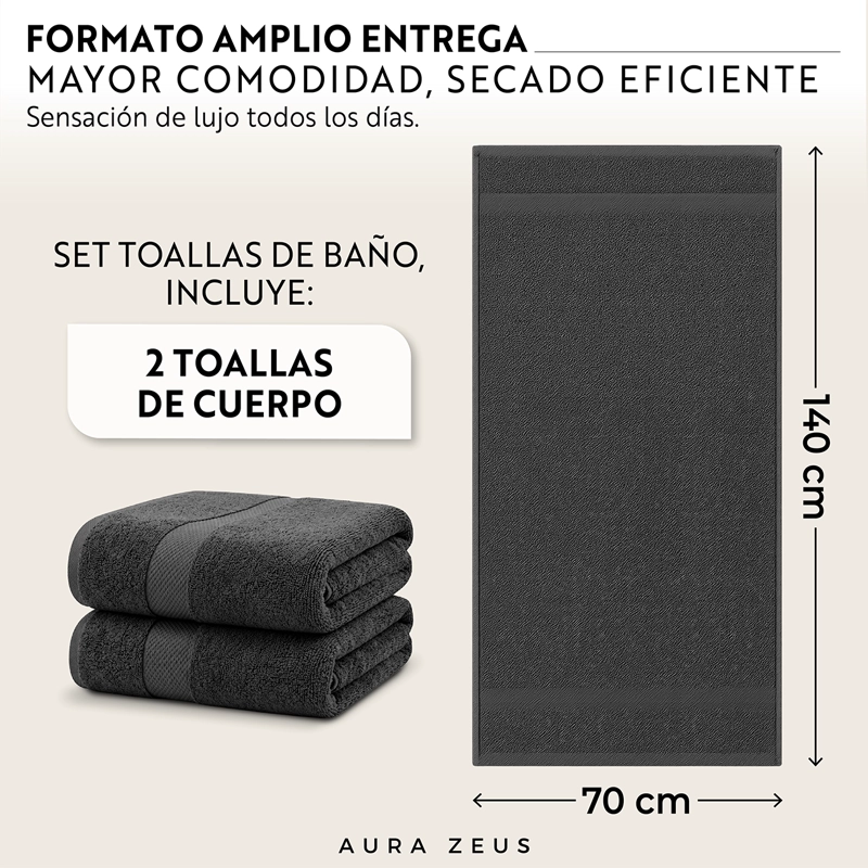 SET DE 2 TOALLAS DE BANO 140X70 CM ALGODON 600GR/M2 GRANDES GRIS BLANCO - 4