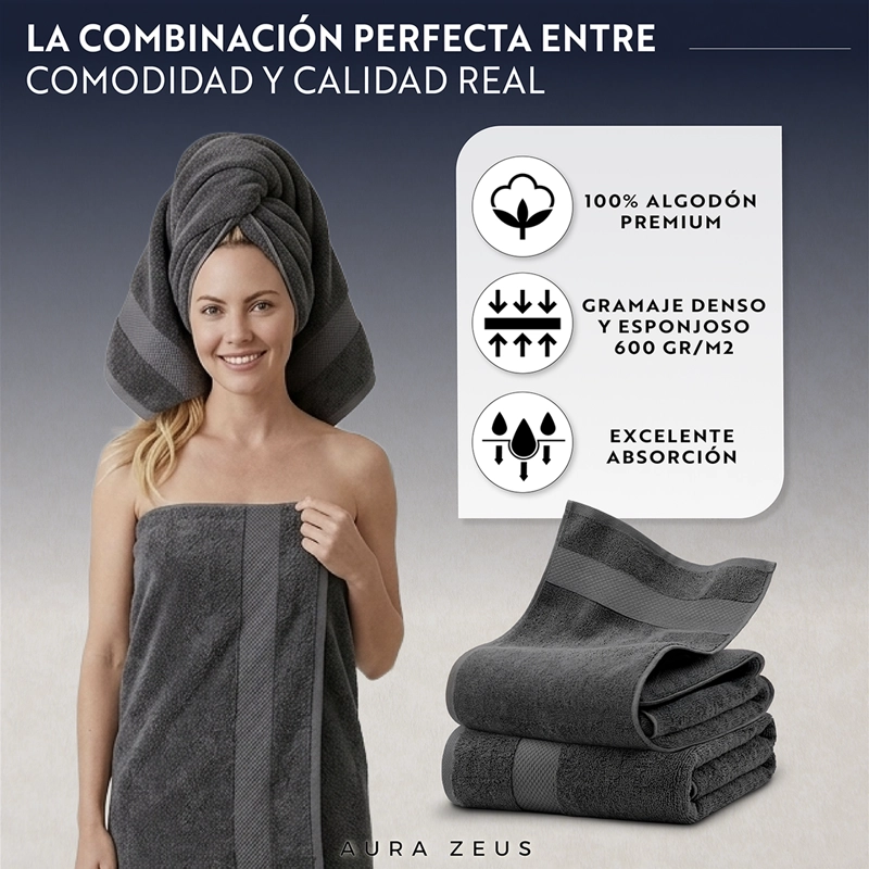 SET DE 2 TOALLAS DE BANO 140X70 CM ALGODON 600GR/M2 GRANDES GRIS BLANCO - 5