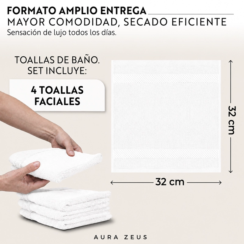 JUEGO DE 4 TOALLAS FACIALES 32X32CM ALGODON 600GR/M2 SET BANO BLANCO - 2