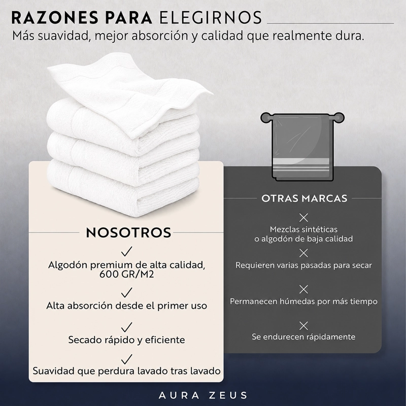 JUEGO DE 4 TOALLAS FACIALES 32X32CM ALGODON 600GR/M2 SET BANO BLANCO - 5