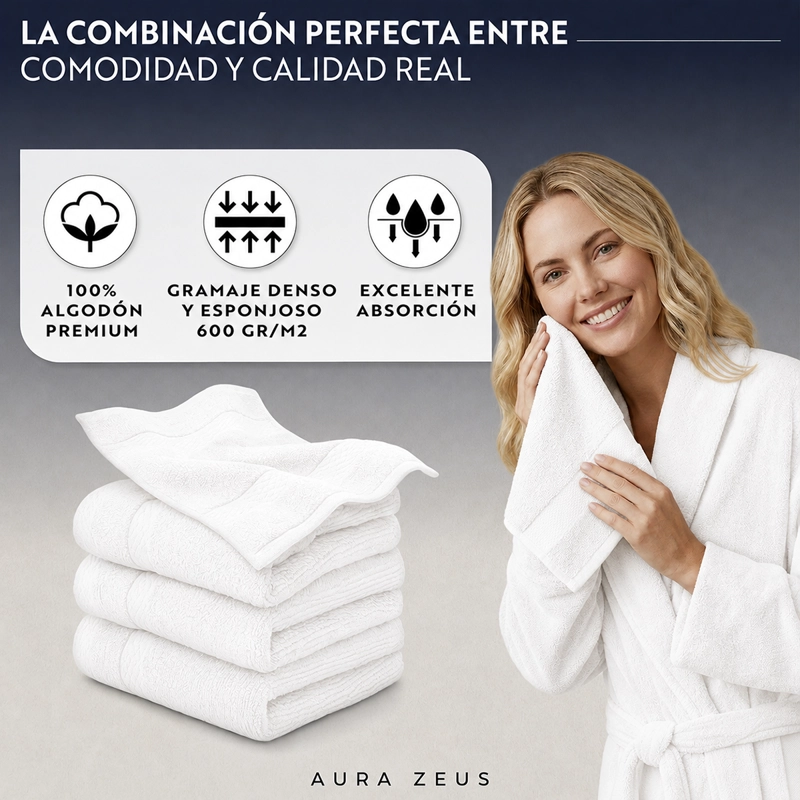 JUEGO DE 4 TOALLAS FACIALES 32X32CM ALGODON 600GR/M2 SET BANO BLANCO - 6