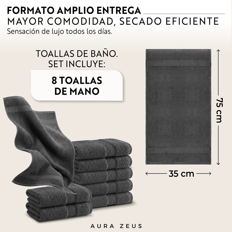 JUEGO DE 8 TOALLAS DE MANO 75X35 CM ALGODON 600GR/M2 BANO SET GRIS BLANCO - 3