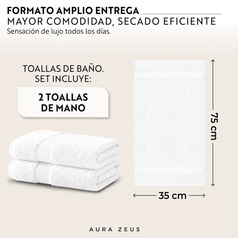 JUEGO DE 2 TOALLAS DE MANO 75X35 CM ALGODON 600GR/M2 BANO SET GRIS BLANCO - 3