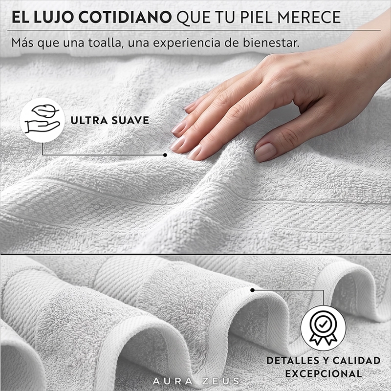 JUEGO DE 2 TOALLAS DE MANO 75X35 CM ALGODON 600GR/M2 BANO SET GRIS BLANCO - 6