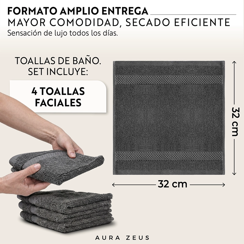JUEGO DE 4 TOALLAS FACIALES 32X32CM ALGODON 600GR/M2 SET BANO GRIS BLANCO - 4