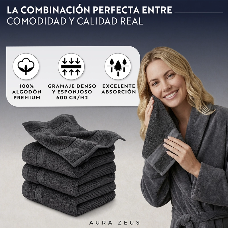 JUEGO DE 4 TOALLAS FACIALES 32X32CM ALGODON 600GR/M2 SET BANO GRIS BLANCO - 5