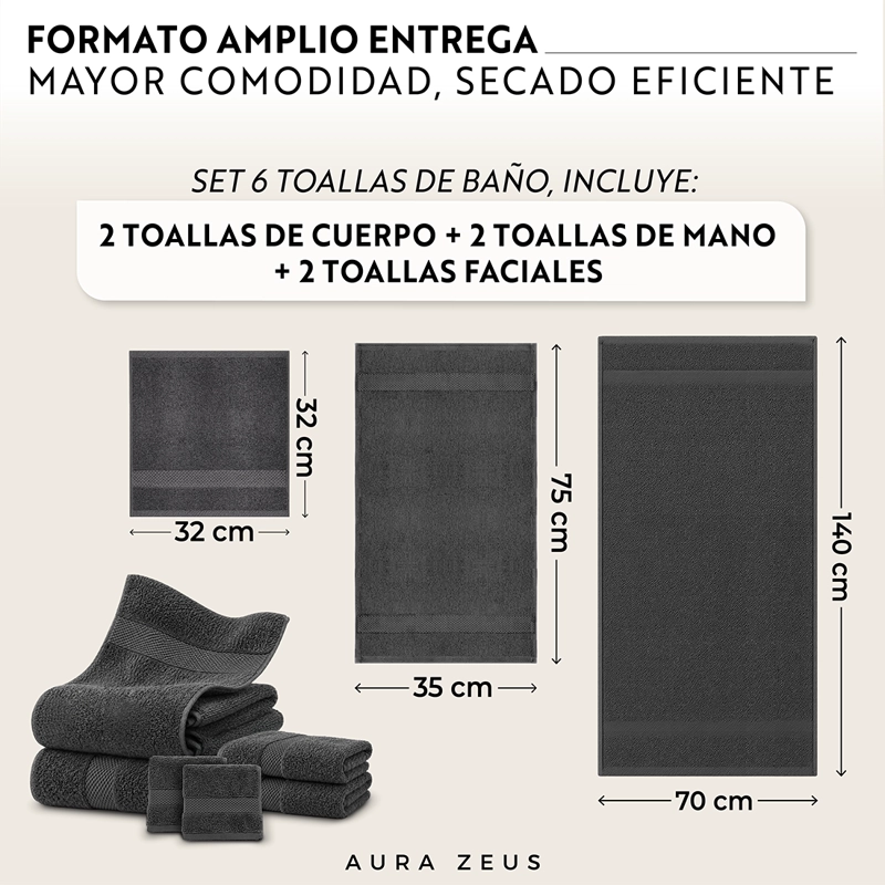 SET DE 6 TOALLAS DE BANO ALGODON 600GR/M2 CUERPO MANO GRANDE BLANCO GRIS - 2