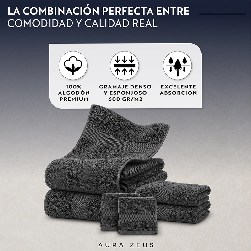 SET DE 6 TOALLAS DE BANO ALGODON 600GR/M2 CUERPO MANO GRANDE BLANCO GRIS - 4