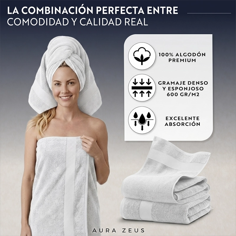 SET DE 2 TOALLAS DE BANO 140X70 CM ALGODON 600GR/M2 GRANDES BLANCO - 5