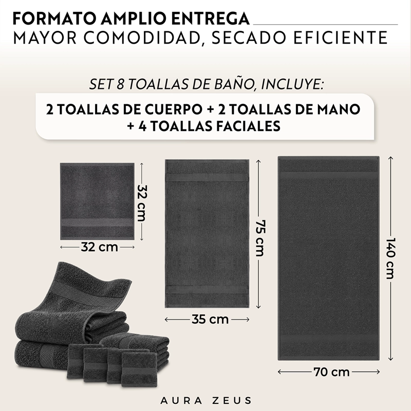 SET DE 8 TOALLAS DE BANO ALGODON 600GR/M2 CUERPO MANO GRANDE GRIS - 2