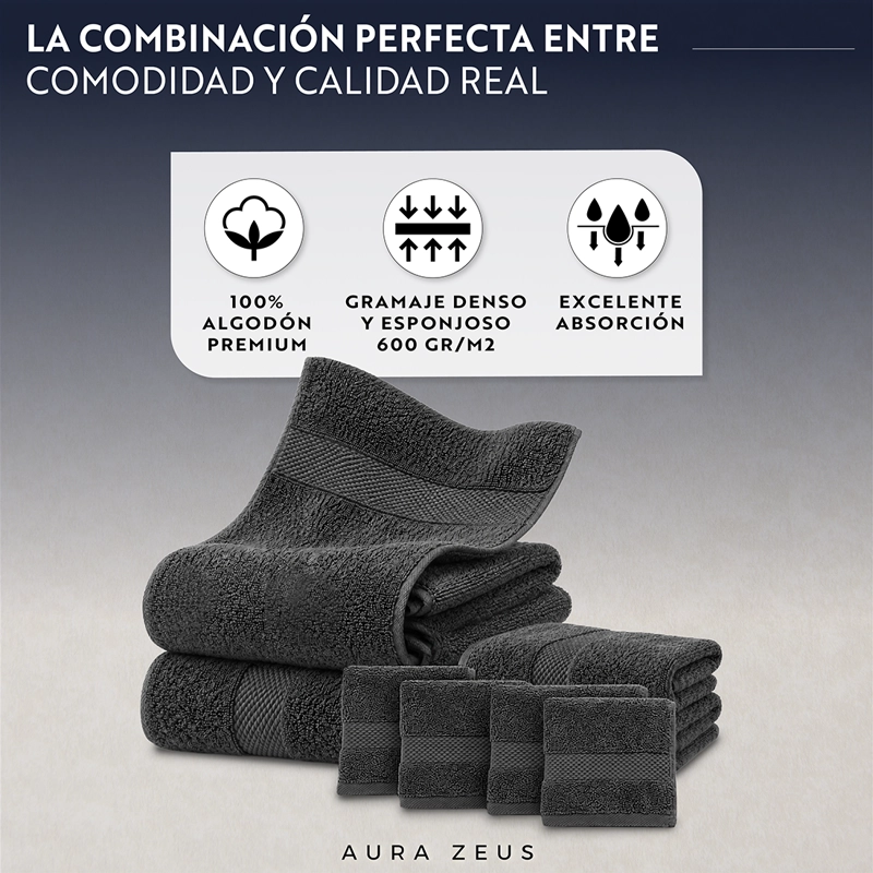 SET DE 8 TOALLAS DE BANO ALGODON 600GR/M2 CUERPO MANO GRANDE GRIS - 6