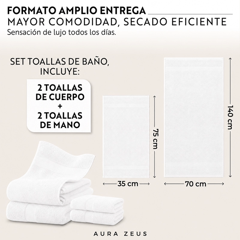 SET DE 4 TOALLAS DE BANO ALGODON 600GR/M2 CUERPO MANO GRANDE BLANCO GRIS - 4